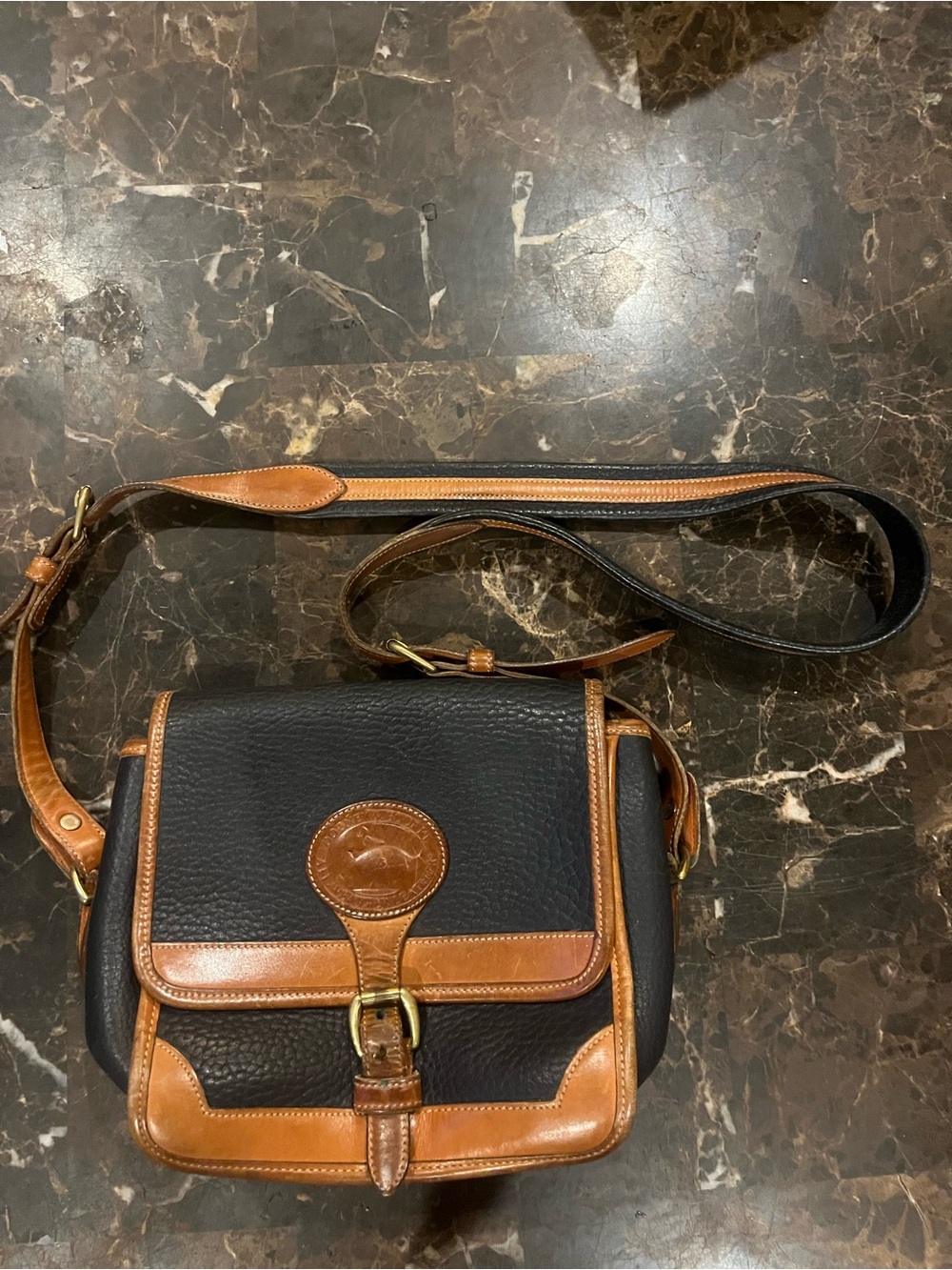 Vintage Dooney & Bourke Navy with Brown Leather Trim Messenger Bag